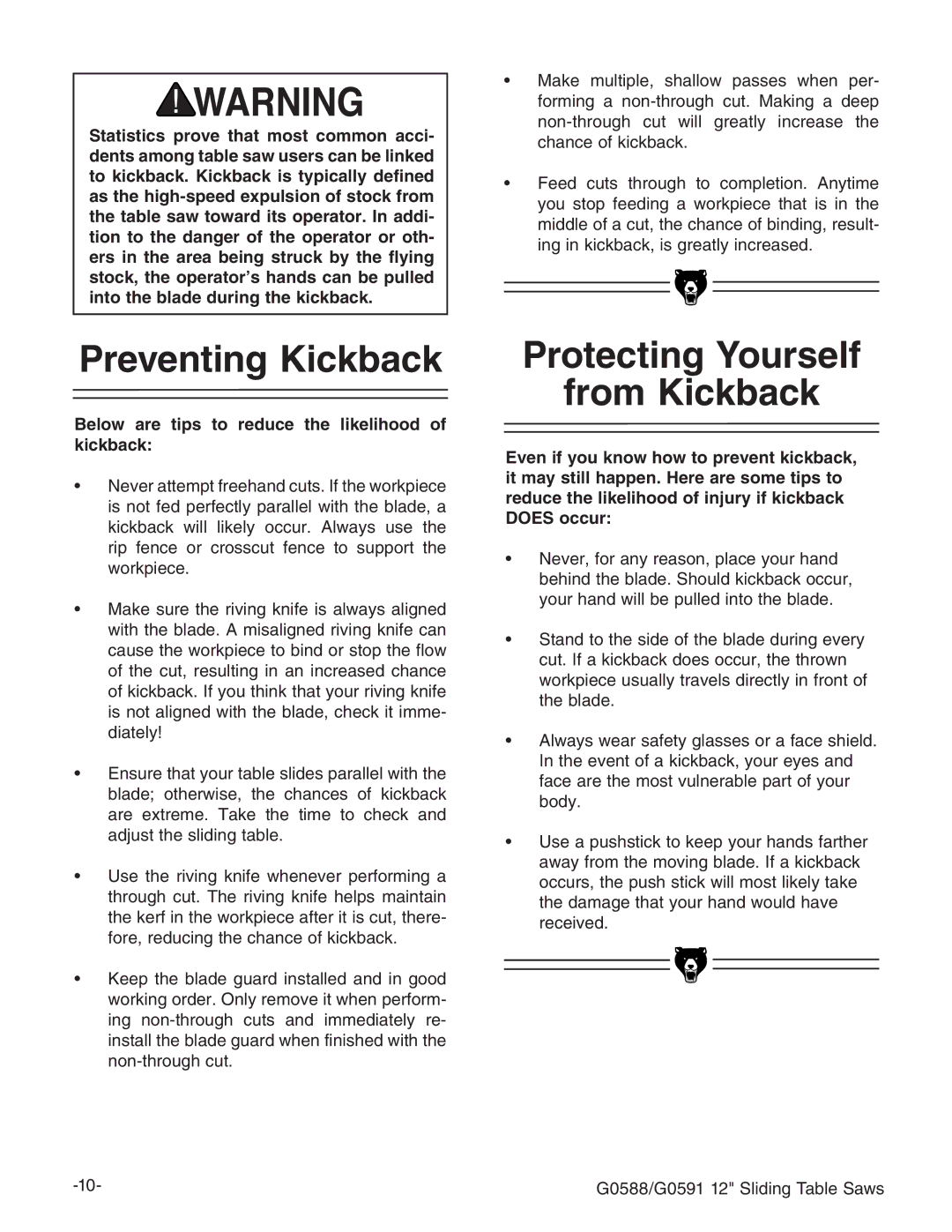 Grizzly G0591 Preventing Kickback, Protecting Yourself From Kickback, Below are tips to reduce the likelihood of kickback 