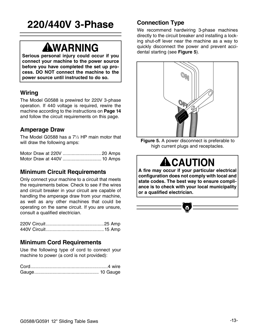 Grizzly G0588, G0591 owner manual 220/440V 3-Phase, Wiring 