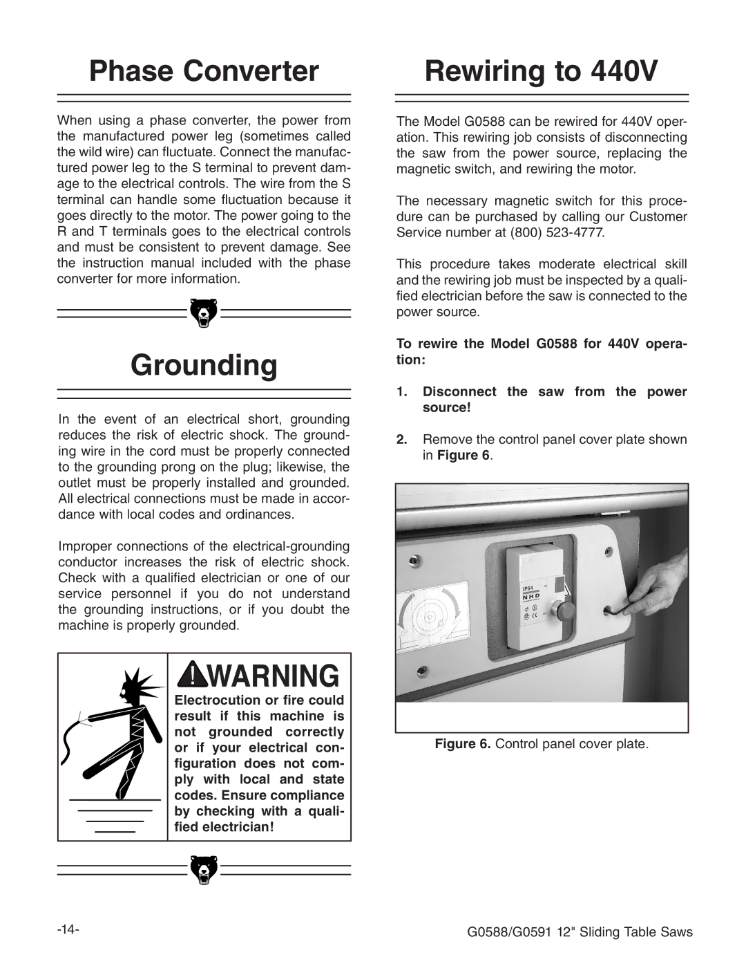 Grizzly owner manual Phase Converter Rewiring to Grounding, Control panel cover plate G0588/G0591 12 Sliding Table Saws 