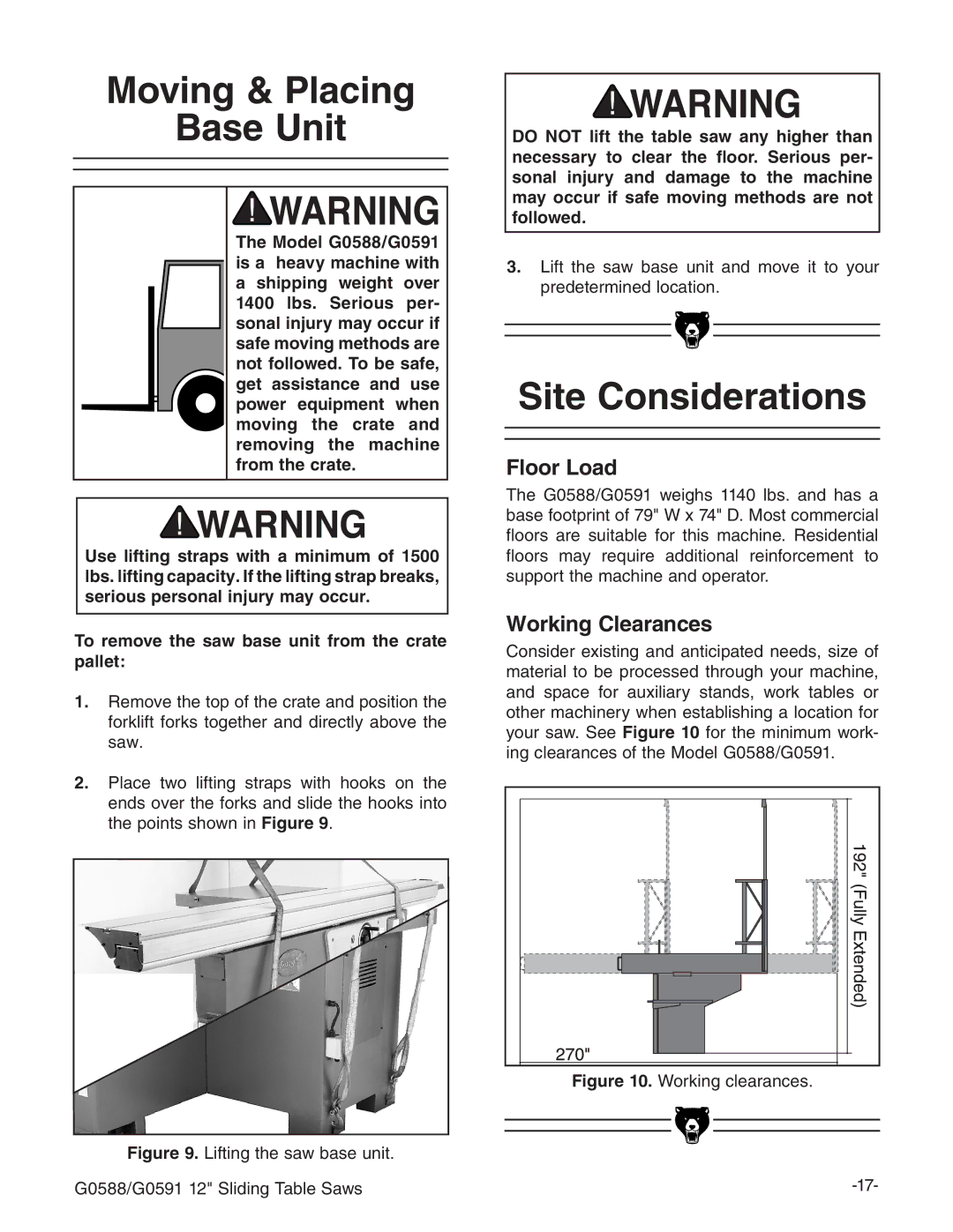 Grizzly G0588, G0591 owner manual Moving & Placing Base Unit, Site Considerations 