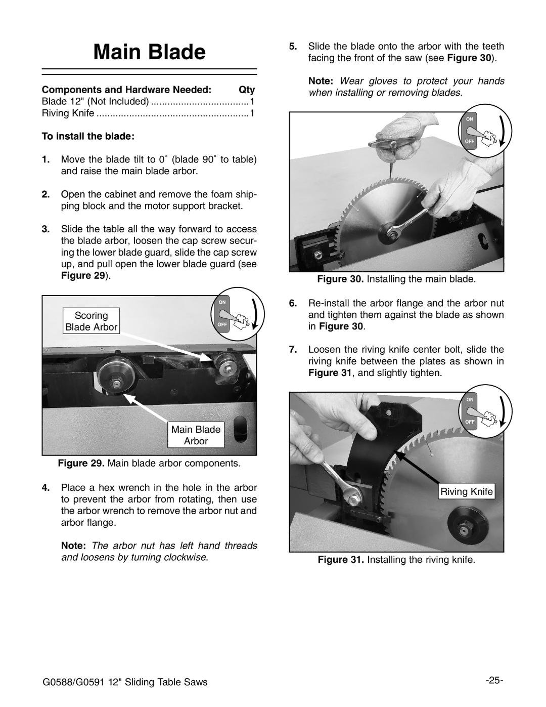 Grizzly G0588, G0591 owner manual Main Blade, To install the blade 