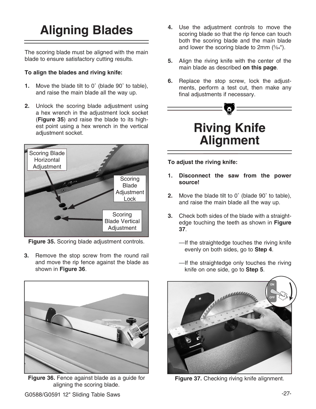 Grizzly G0588, G0591 owner manual Aligning Blades, Riving Knife Alignment, To align the blades and riving knife 