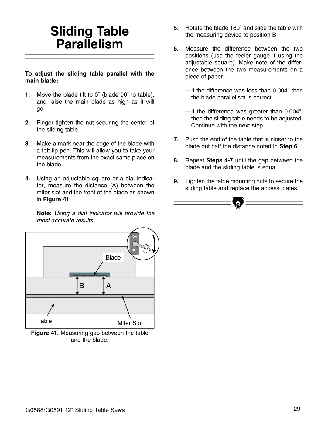 Grizzly G0588, G0591 owner manual Sliding Table Parallelism, To adjust the sliding table parallel with the main blade 