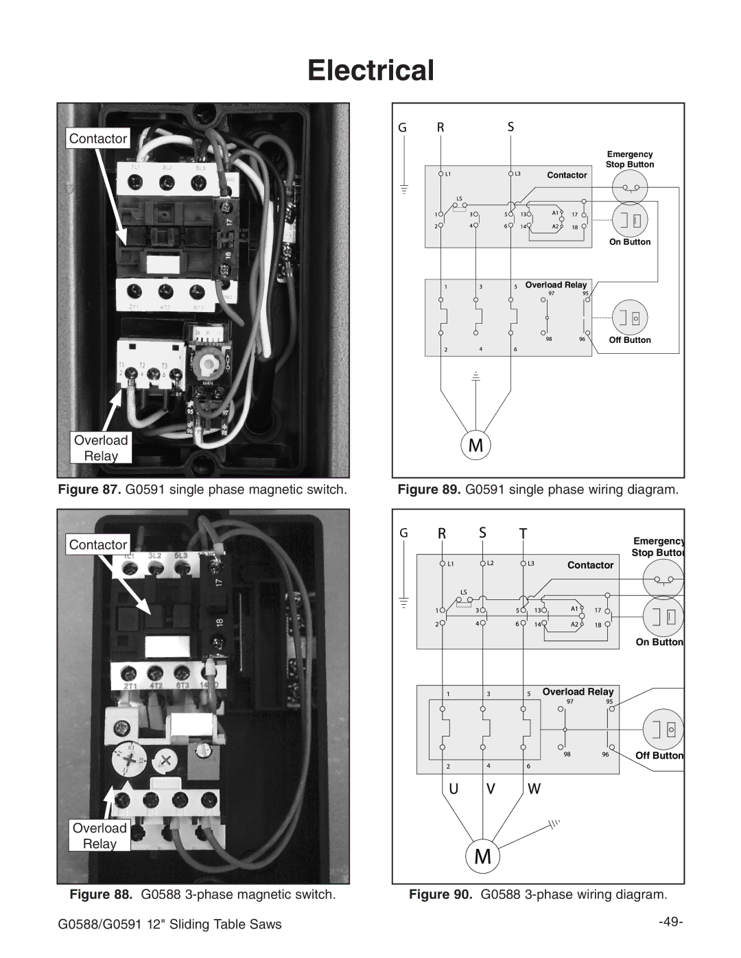 Grizzly G0588 owner manual Electrical, G0591 single phase magnetic switch Contactor Overload Relay 