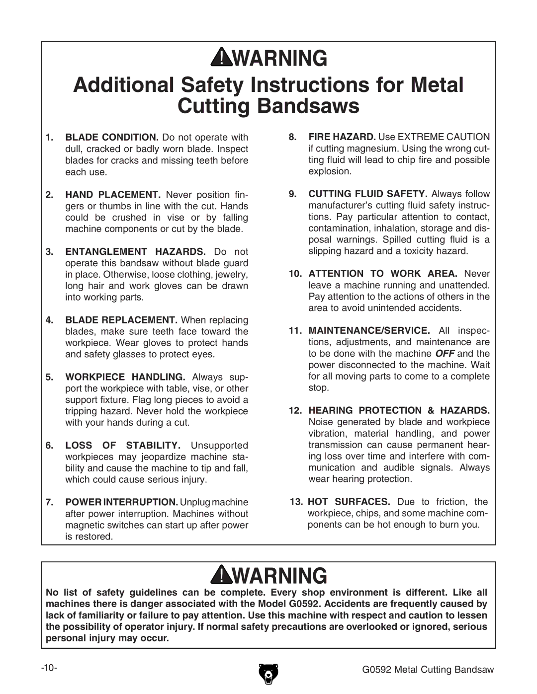 Grizzly G0592 owner manual Additional Safety Instructions for Metal Cutting Bandsaws 