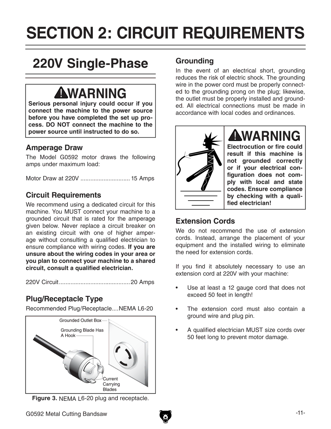 Grizzly G0592 owner manual Circuit Requirements, 220V Single-Phase 