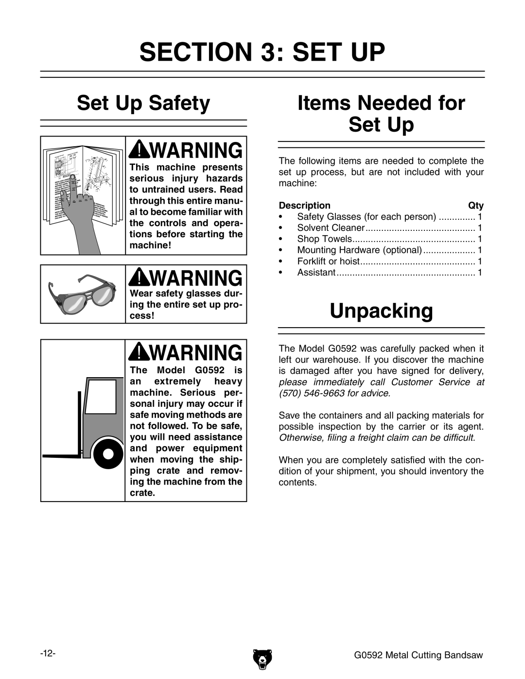 Grizzly G0592 owner manual Set Up Safety, Items Needed for Set Up, Unpacking, Description Qty 