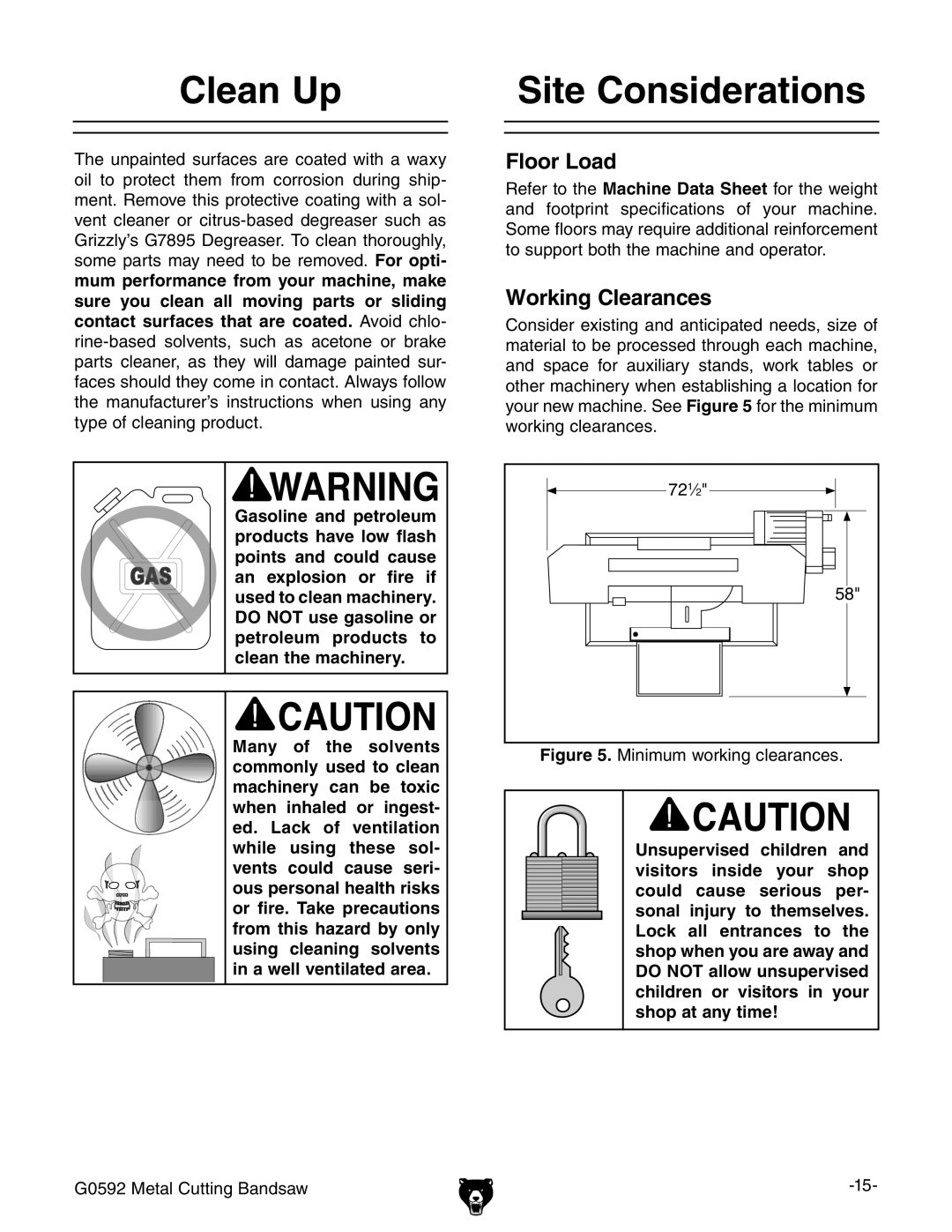 Grizzly G0592 owner manual Clean Up, Site Considerations 