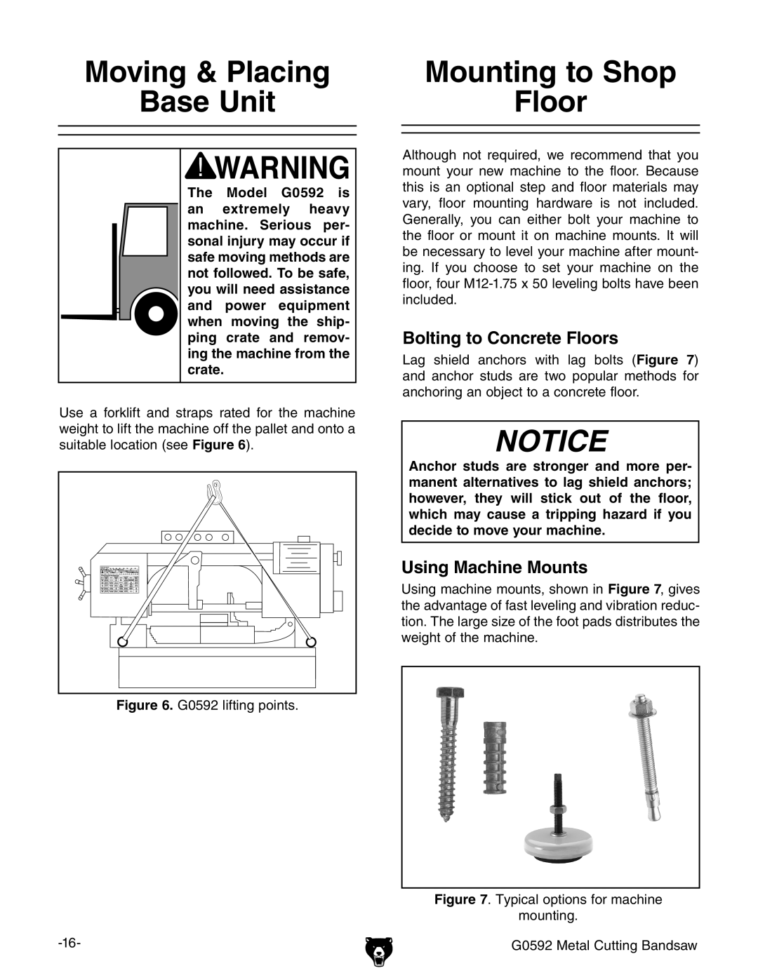 Grizzly G0592 owner manual Moving & Placing Base Unit, Mounting to Shop Floor 