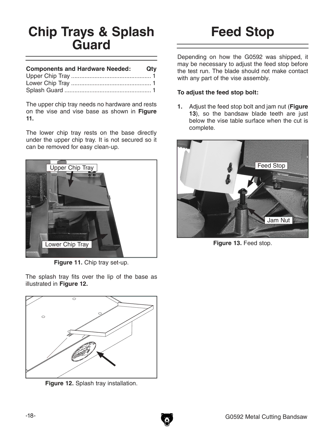 Grizzly G0592 Chip Trays & Splash Guard, Feed Stop, Components and Hardware Needed Qty, To adjust the feed stop bolt 