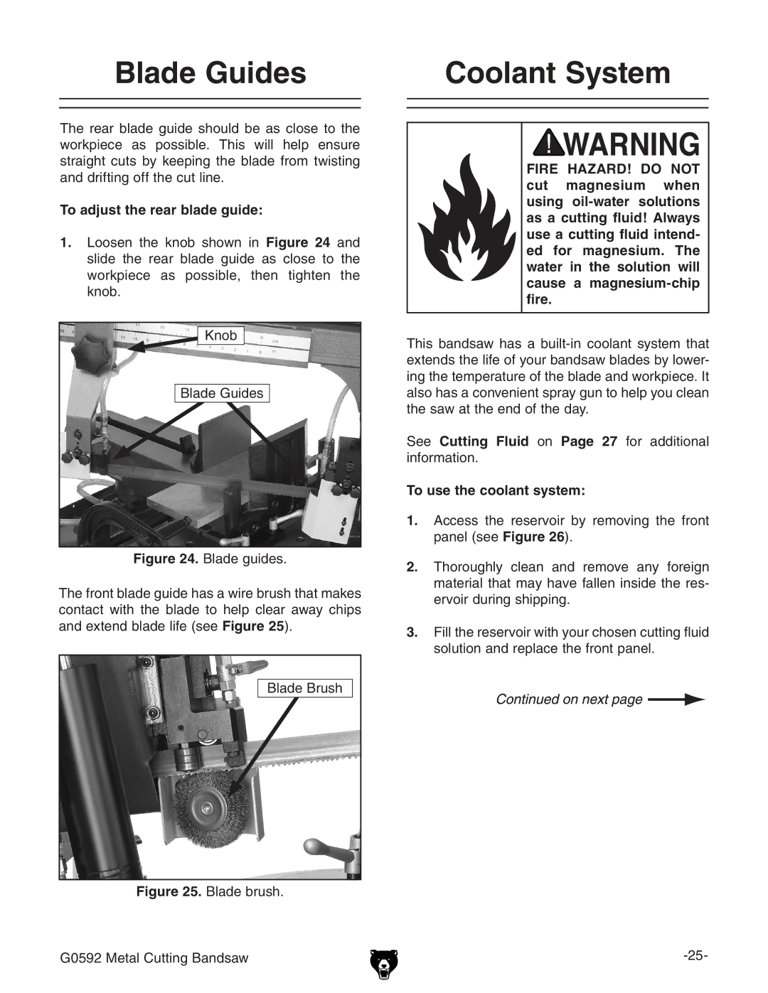 Grizzly G0592 owner manual Blade Guides, Coolant System, To adjust the rear blade guide, To use the coolant system 