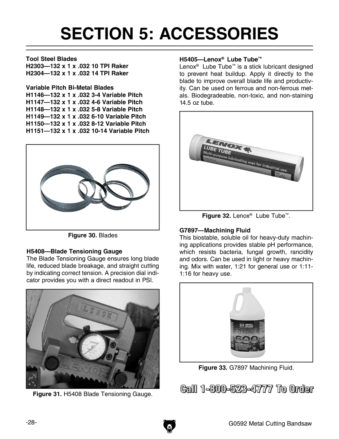 Grizzly G0592 owner manual Accessories, H5405-LenoxLube Tube, G7897-Machining Fluid 