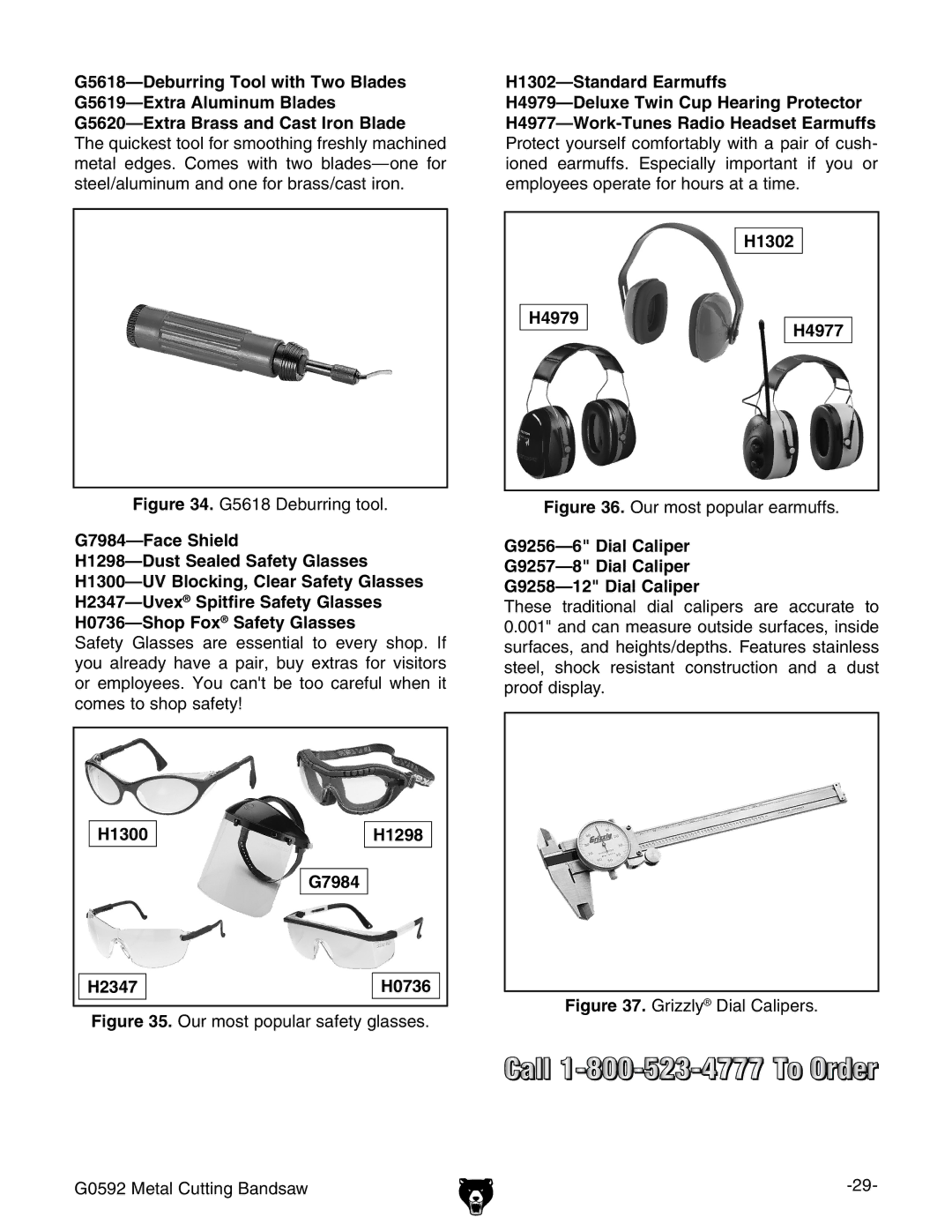 Grizzly G0592 owner manual H1302-Standard Earmuffs, H1302 H4979 H4977, H1300 H1298 G7984 H2347 H0736 