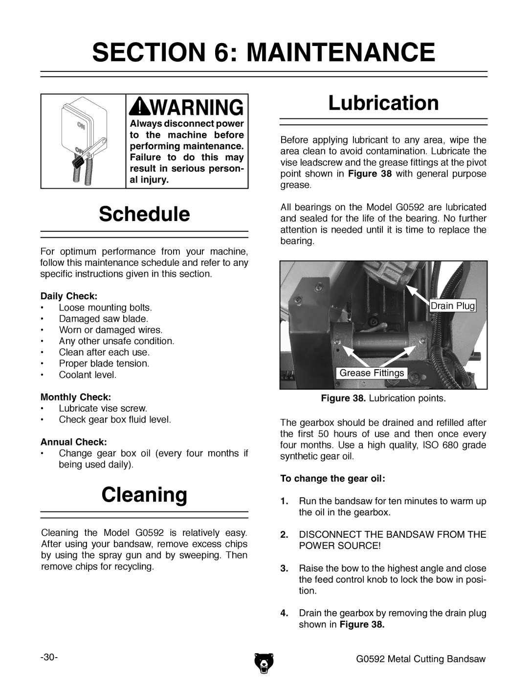 Grizzly G0592 owner manual Maintenance, Schedule, Cleaning, Lubrication 