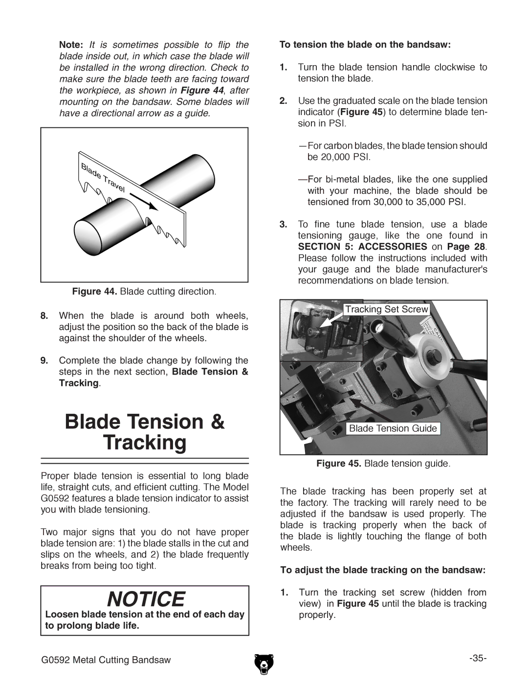 Grizzly G0592 Blade Tension Tracking, To tension the blade on the bandsaw, To adjust the blade tracking on the bandsaw 