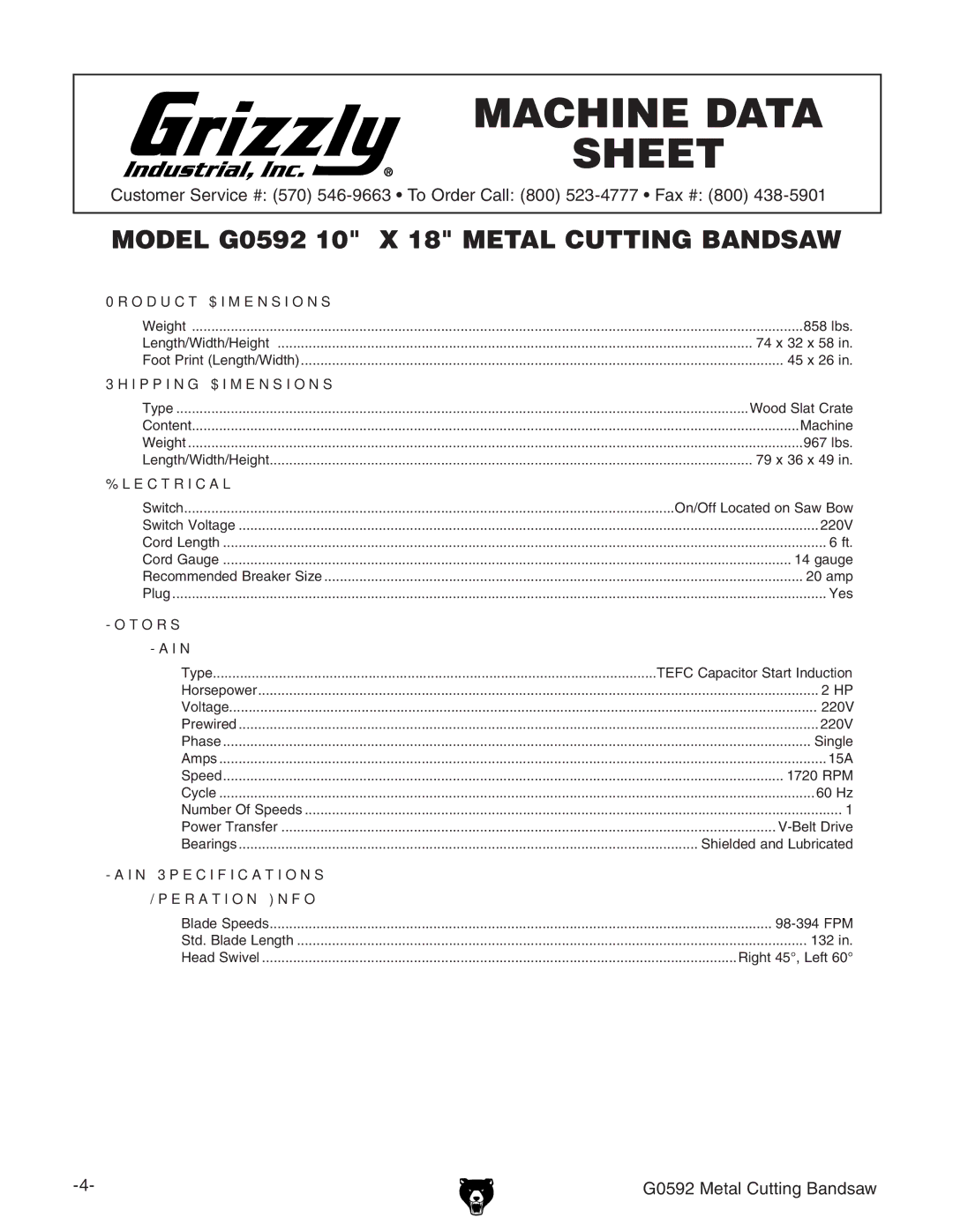 Grizzly G0592 owner manual Machine Data Sheet 