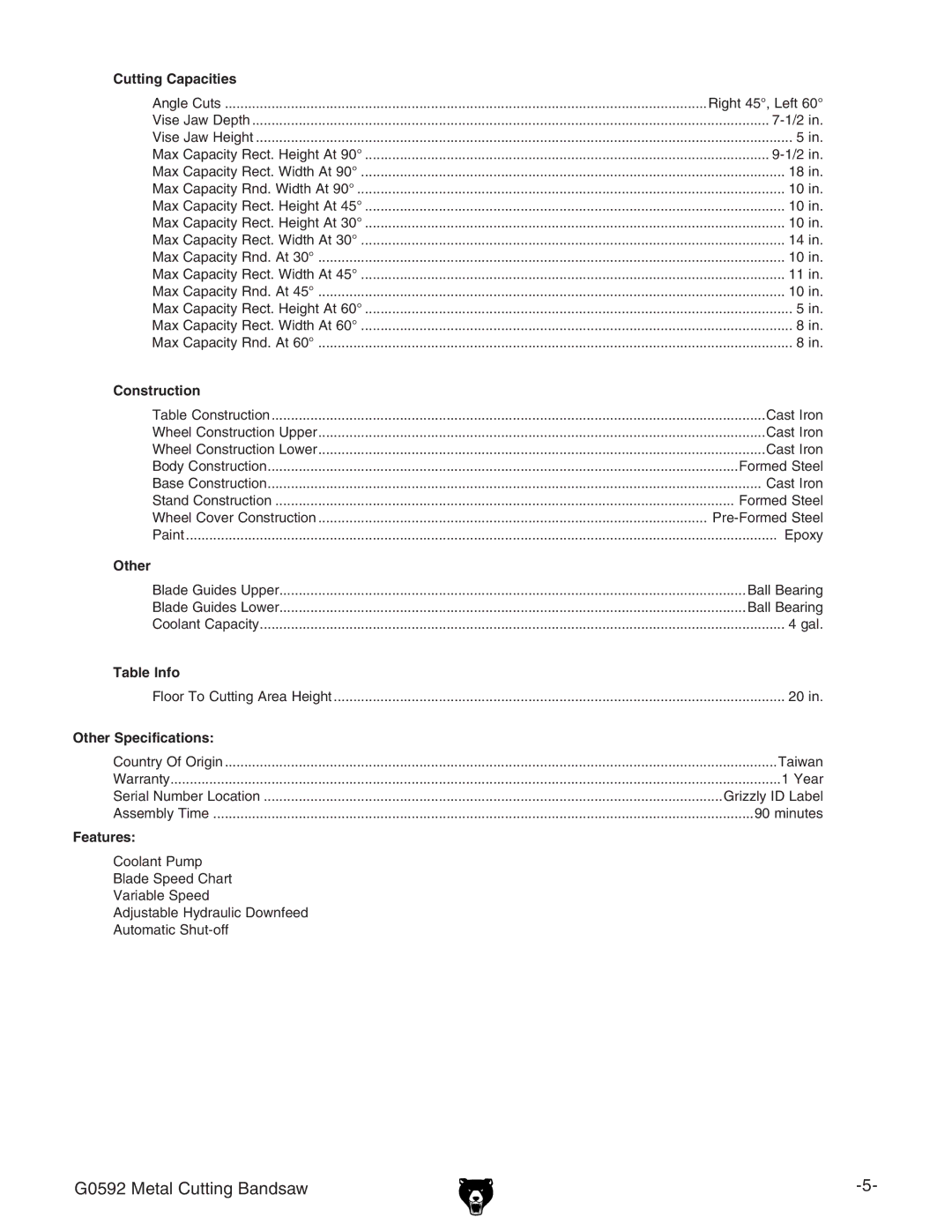 Grizzly G0592 owner manual Other 