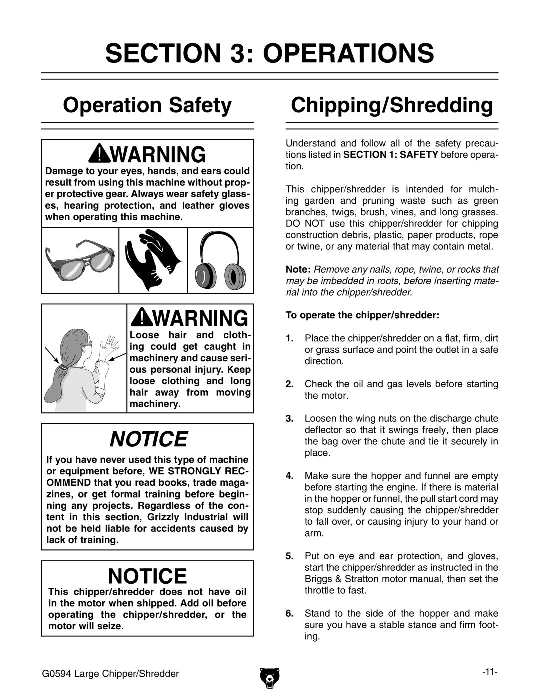 Grizzly G0594 owner manual Operations, Operation Safety Chipping/Shredding, To operate the chipper/shredder 