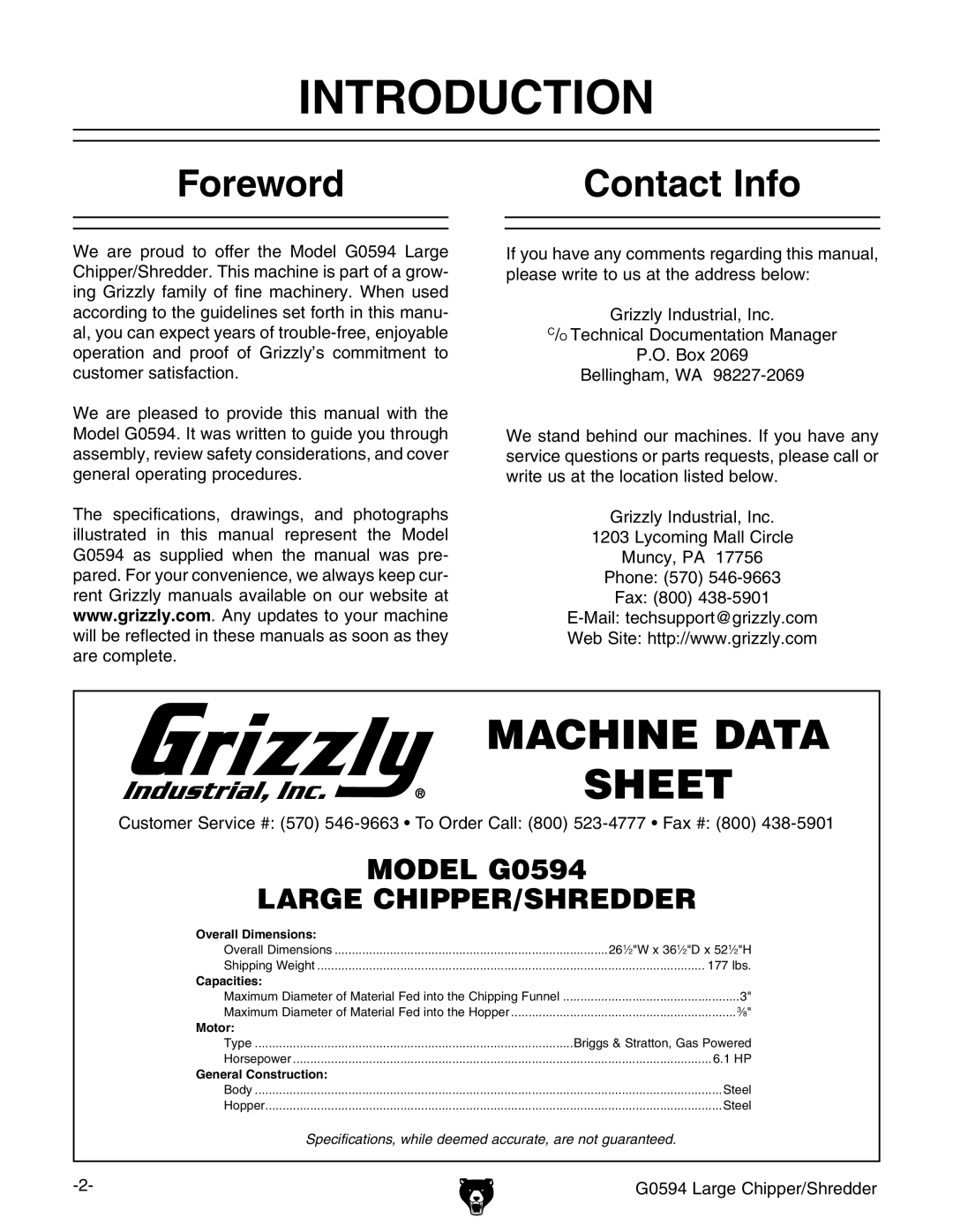 Grizzly G0594 owner manual Introduction, Foreword, Contact Info 