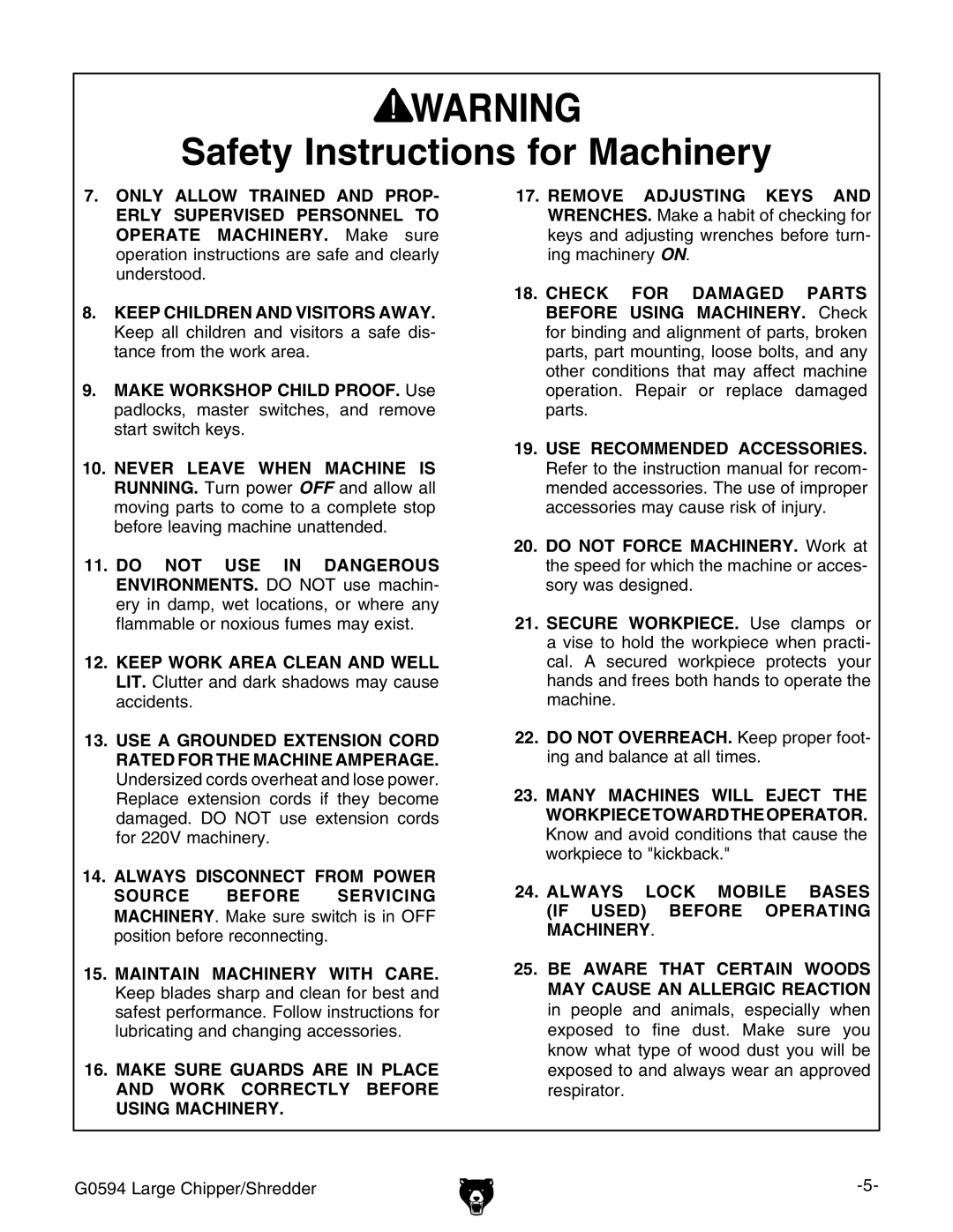 Grizzly G0594 owner manual Always Lock Mobile Bases if Used Before Operating Machinery 