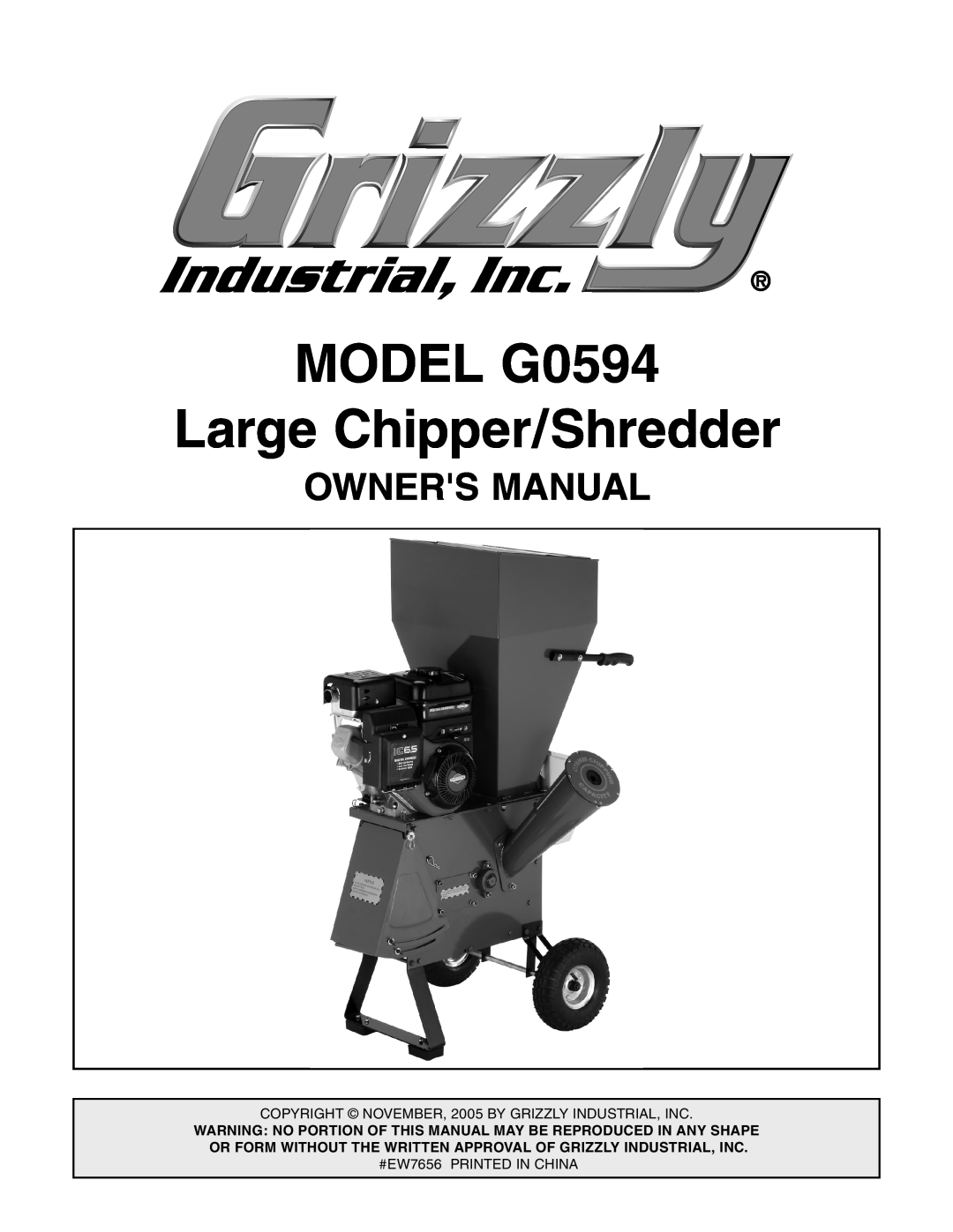 Grizzly owner manual MODEL G0594 Large Chipper/Shredder 