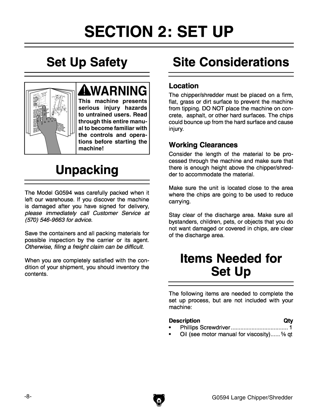 Grizzly G0594 Set Up Safety, Unpacking, Site Considerations, Items Needed for Set Up, Description, Location 