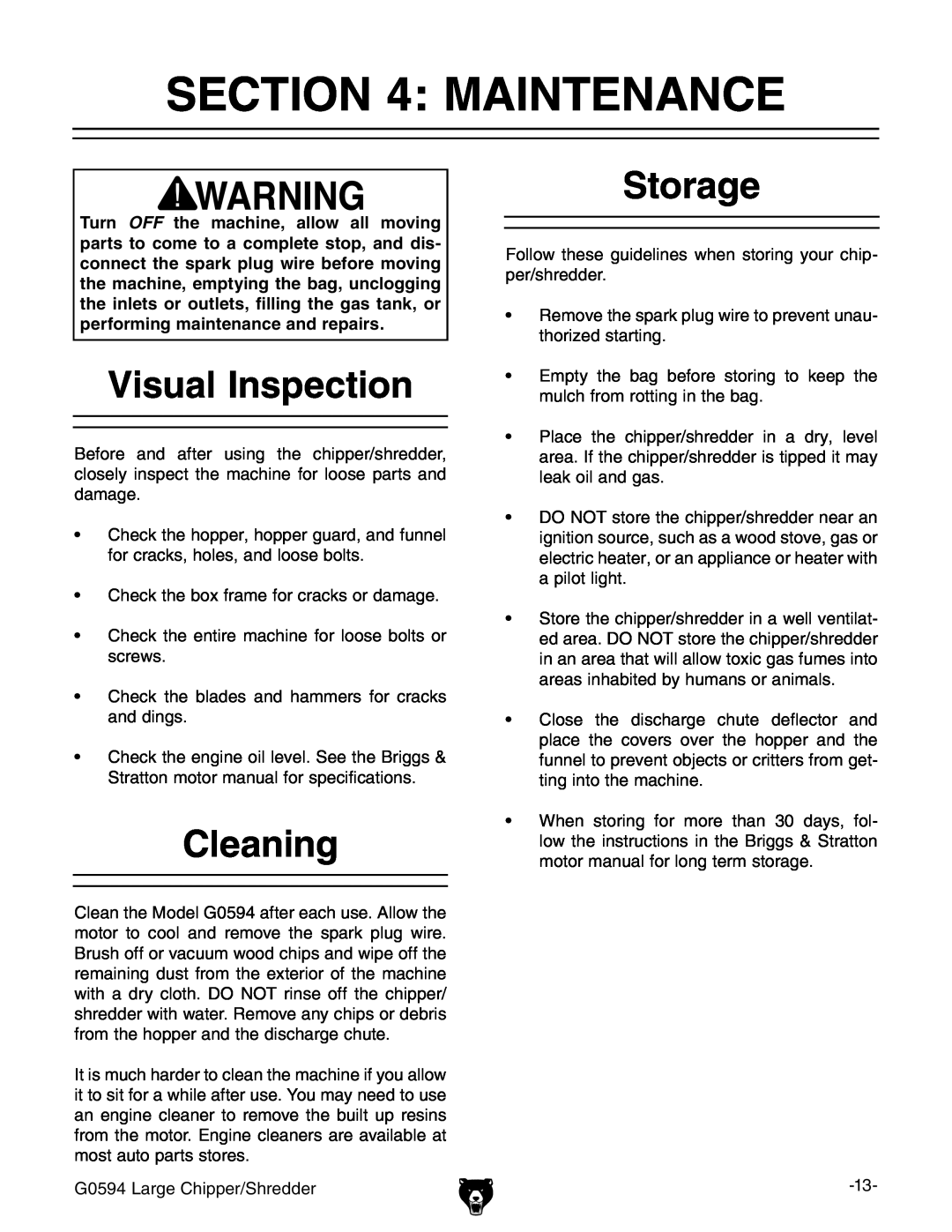 Grizzly G0594 owner manual Maintenance, Visual Inspection, Cleaning, Storage 