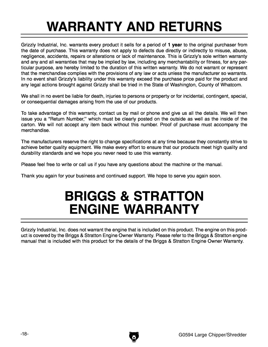 Grizzly G0594 owner manual Warranty And Returns, Briggs & Stratton Engine Warranty 