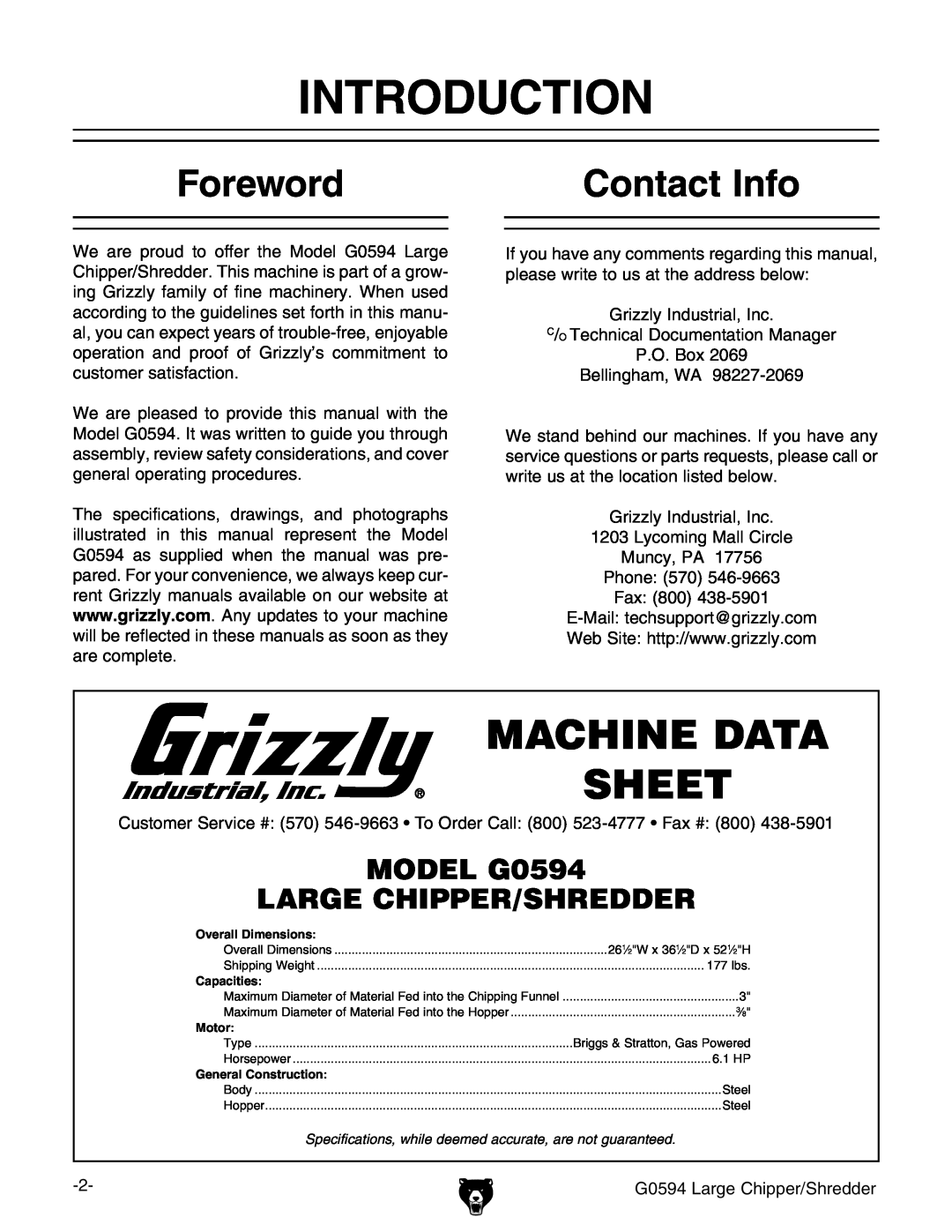 Grizzly owner manual Introduction, Foreword, Contact Info, Machine Data Sheet, MODEL G0594 LARGE CHIPPER/SHREDDER 