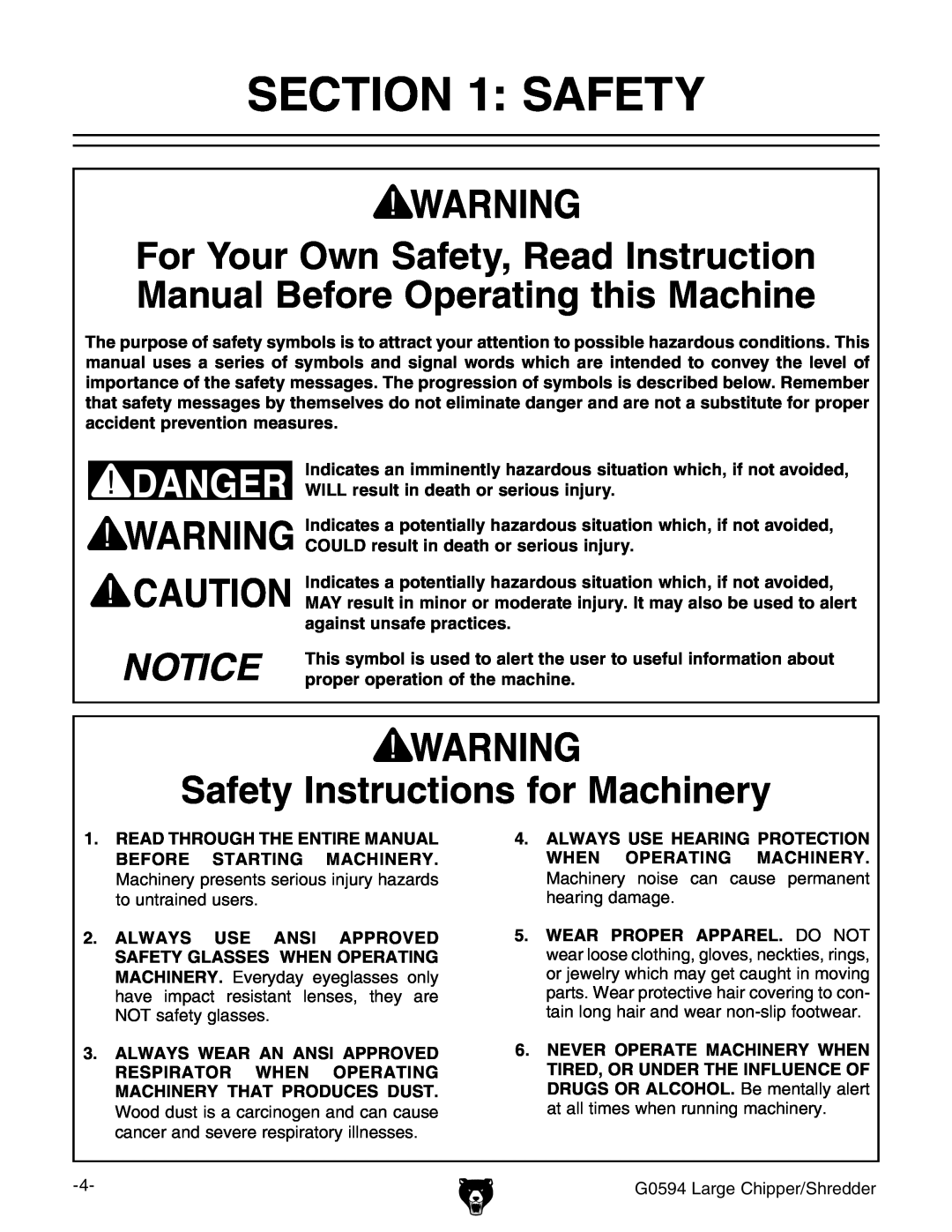 Grizzly G0594 Safety Instructions for Machinery, WILL result in death or serious injury, against unsafe practices 