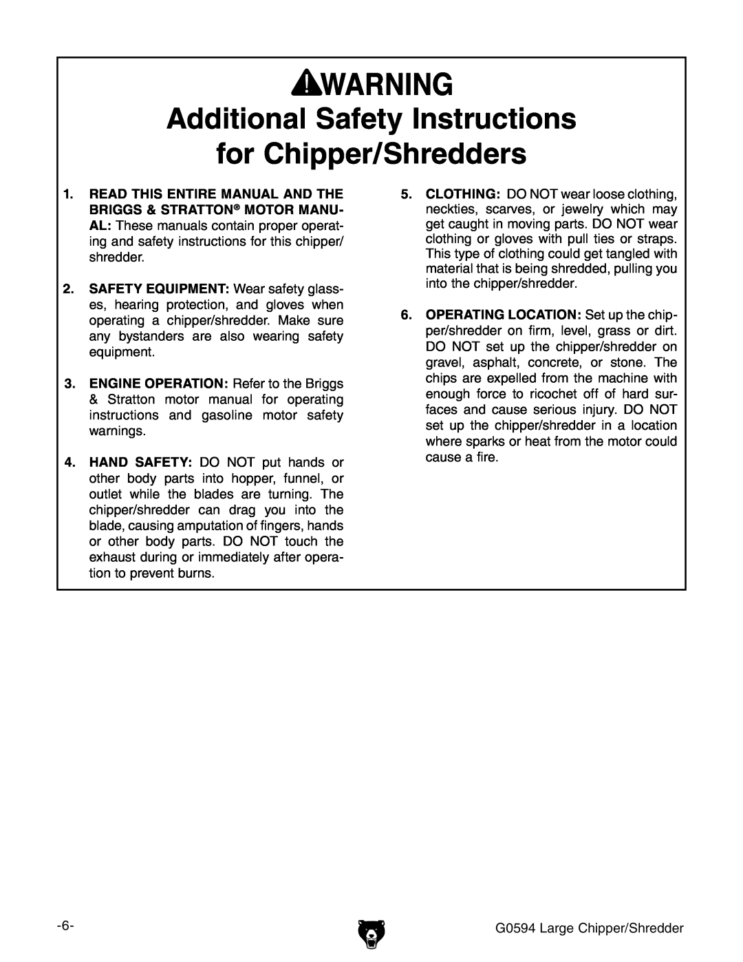 Grizzly G0594 owner manual Additional Safety Instructions, for Chipper/Shredders 