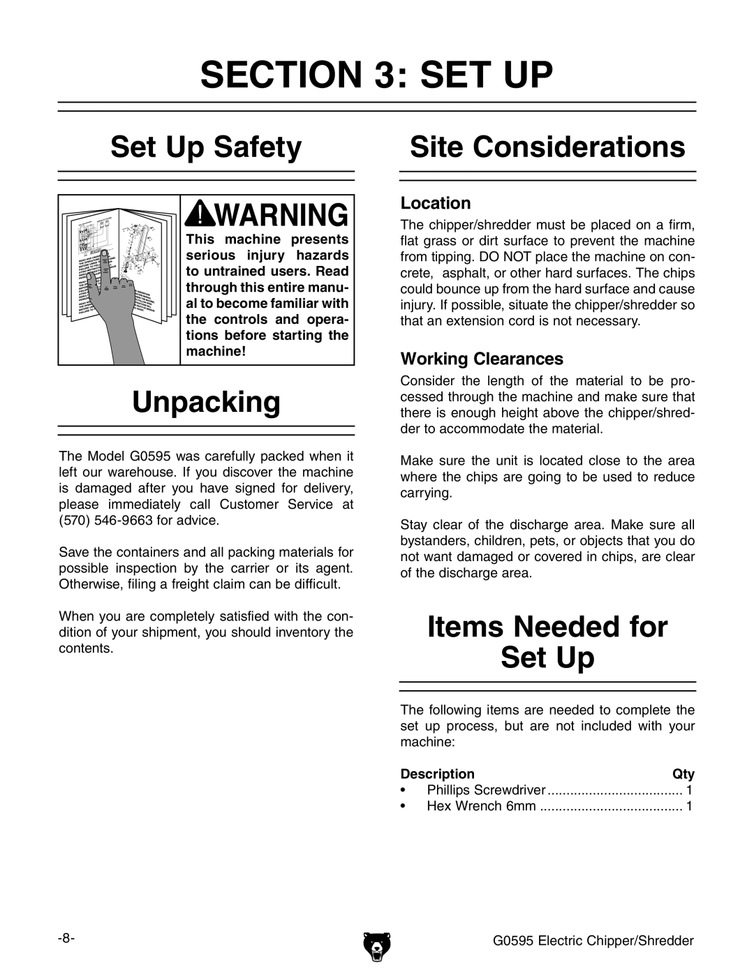 Grizzly G0595 manual #4/. 3%4, 3ETT5P 3AFETY, 5NPACKING, 3ITE #ONSIDERATIONS, TEMSS.EEDEDEFORR 3ETT5P 