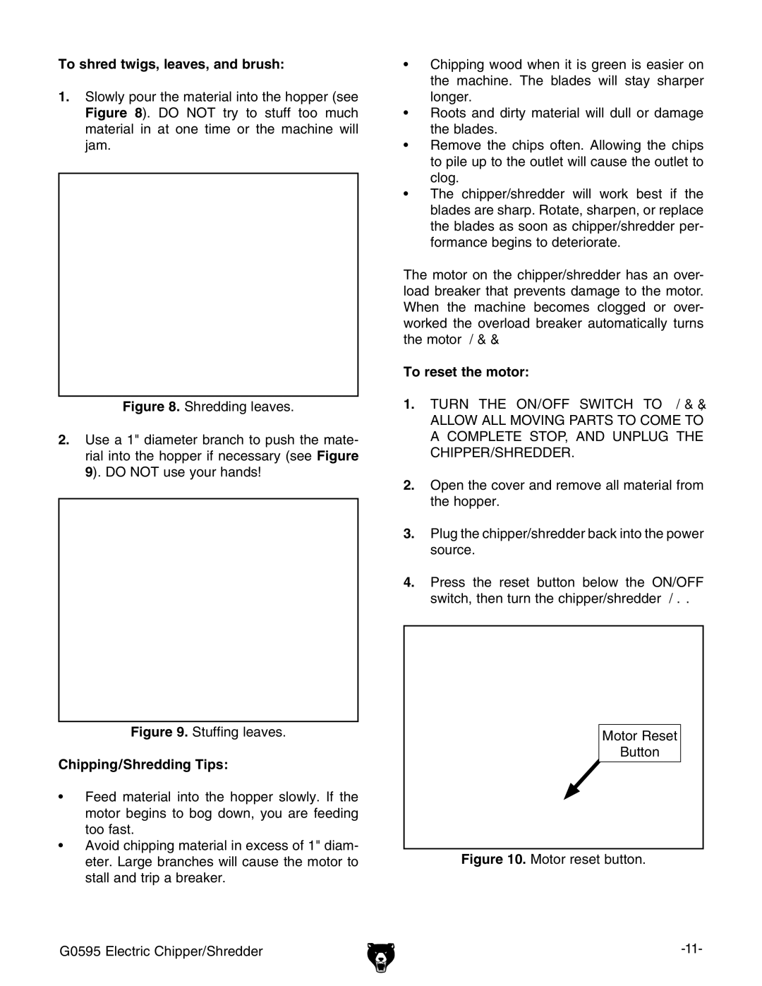 Grizzly G0595 manual 4O Shredrtwigs LEAVESVANDNBRUSH, 4O RESETSTHEHMOTOR, #HIPPING3HREDDING 4IPS 