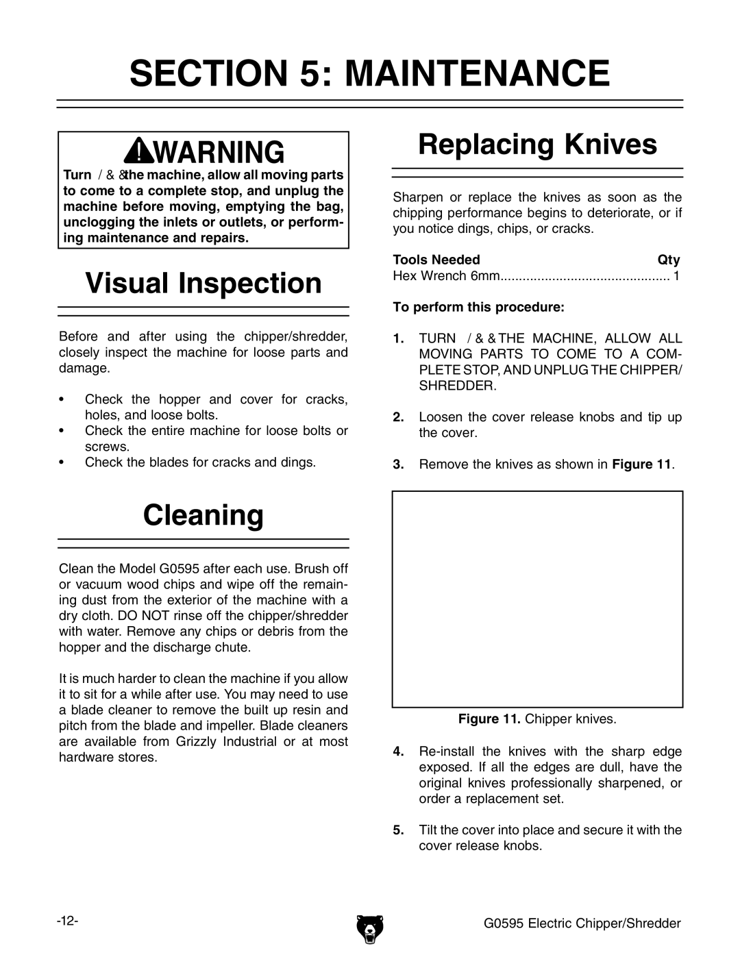 Grizzly G0595 manual #4/. -!.4%.!.#%, 6ISUAL Nspection, 2EPLACING +NIVES, #Leaning 