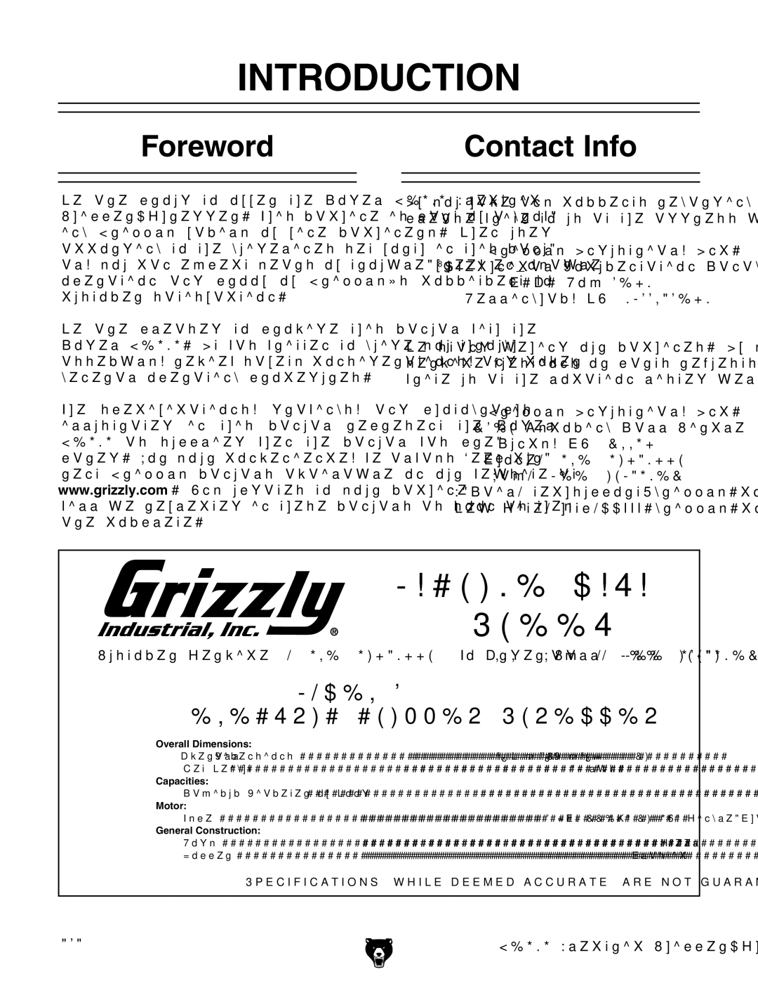 Grizzly G0595 manual 42/$5#4, Oreword, #Ontact Nfo 