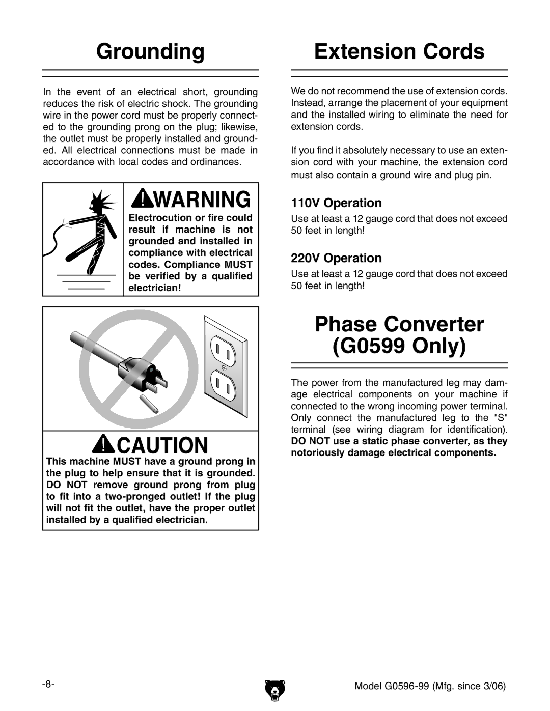 Grizzly G0596-99 owner manual Grounding Extension Cords, Phase Converter G0599 Only 