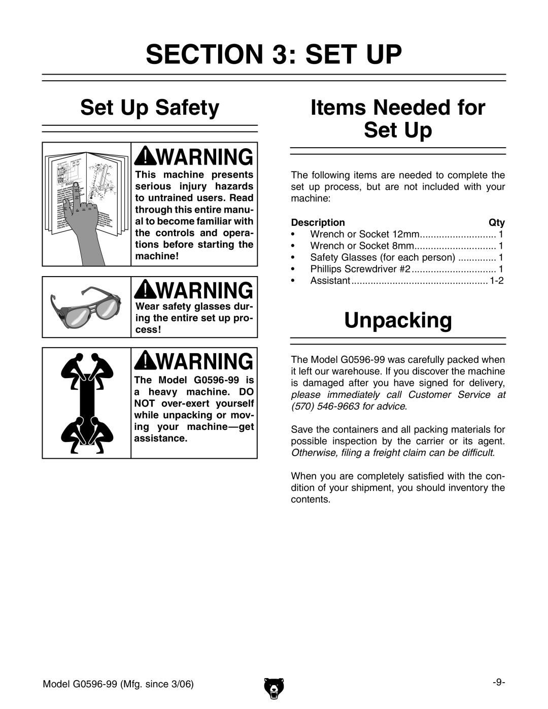 Grizzly G0596-99 owner manual Set Up Safety, Items Needed for Set Up, Unpacking, Description Qty 