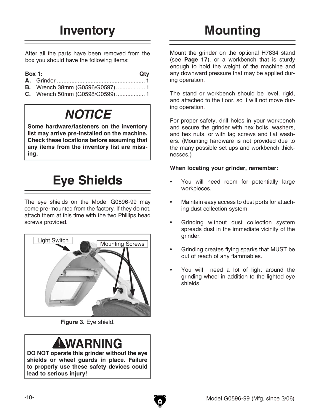 Grizzly G0596-99 owner manual InventoryMounting, Eye Shields, Box Qty, When locating your grinder, remember 