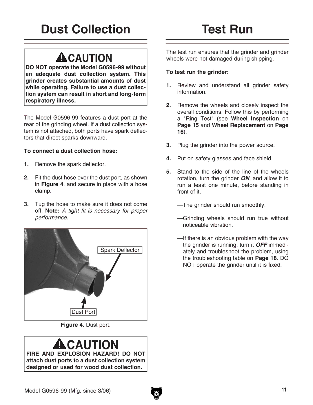 Grizzly G0596-99 owner manual Dust Collection Test Run, To connect a dust collection hose, To test run the grinder 