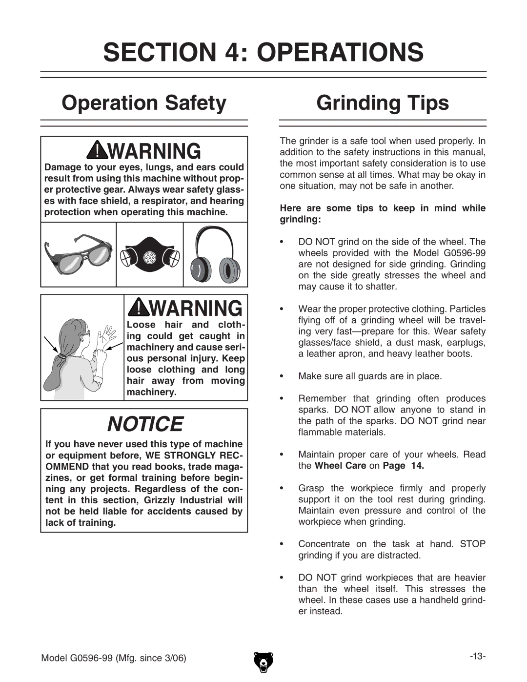 Grizzly G0596-99 owner manual Operations, Operation Safety Grinding Tips, Here are some tips to keep in mind while grinding 