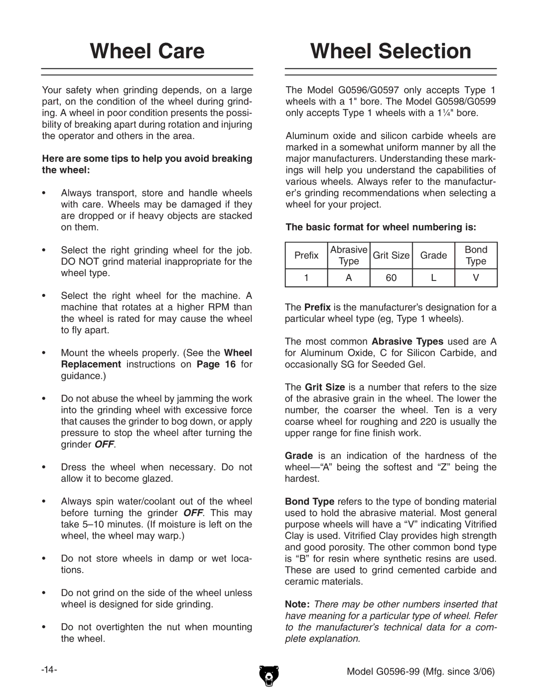 Grizzly G0596-99 owner manual Wheel Care Wheel Selection, Here are some tips to help you avoid breaking the wheel 