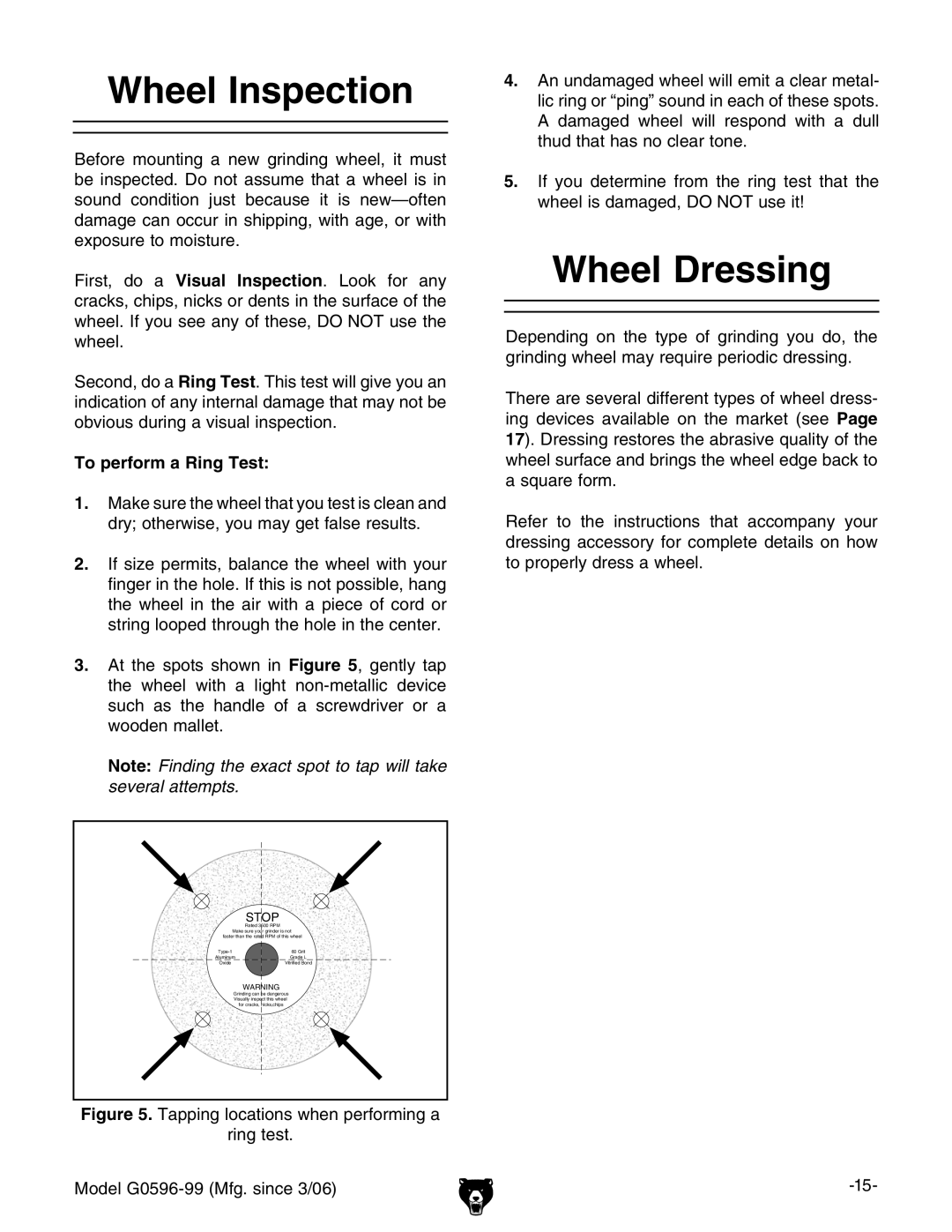 Grizzly G0596-99 owner manual Wheel Inspection, Wheel Dressing, To perform a Ring Test 