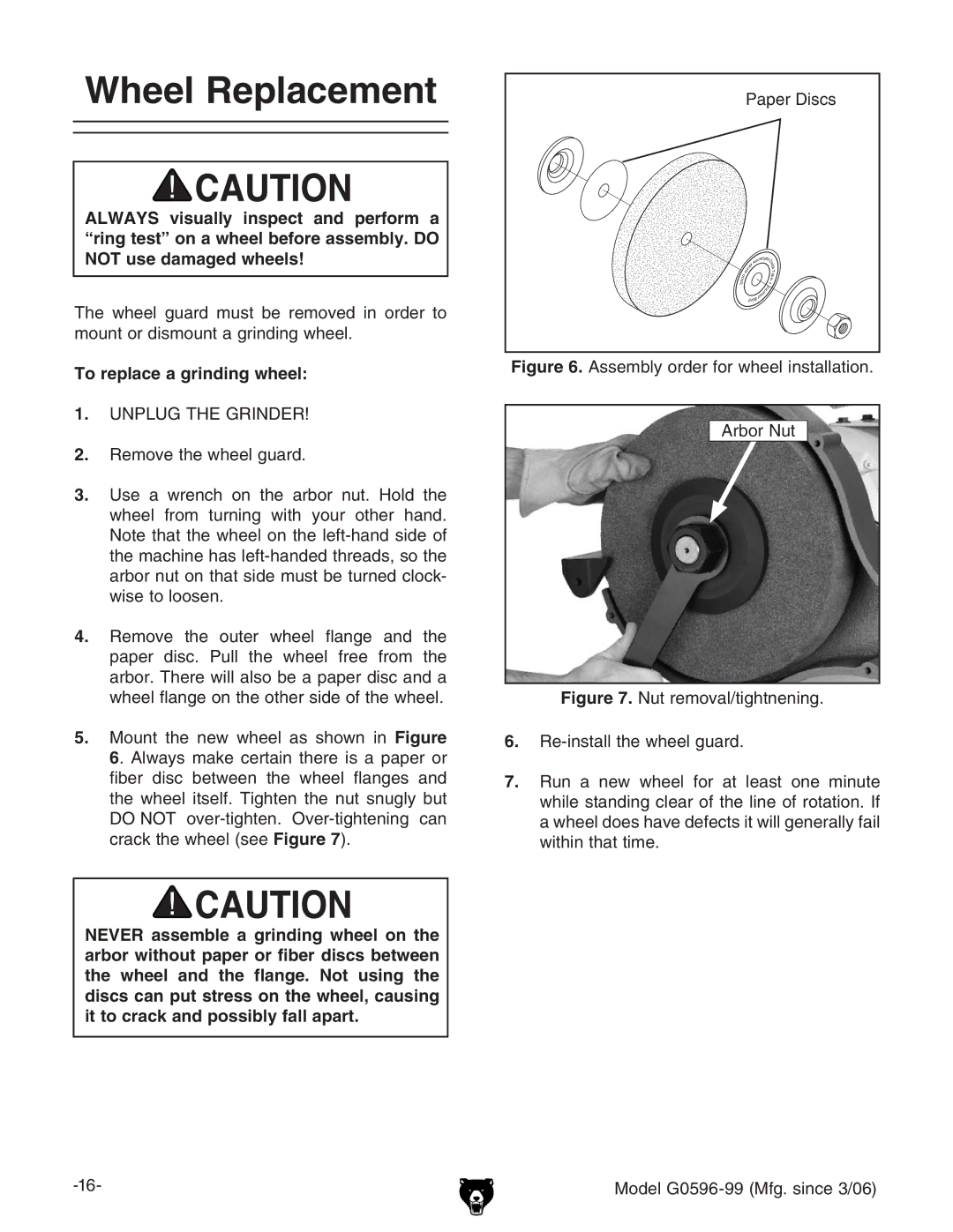 Grizzly G0596-99 owner manual Wheel Replacement, To replace a grinding wheel 