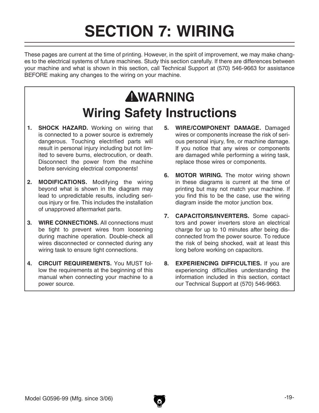 Grizzly G0596-99 owner manual Wiring Safety Instructions 