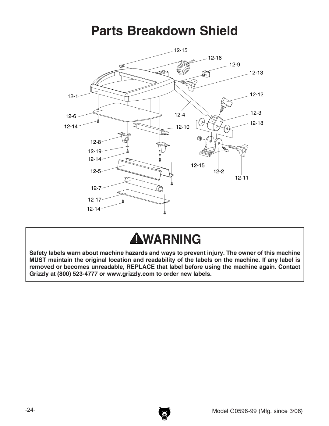 Grizzly G0596-99 owner manual Parts Breakdown Shield 