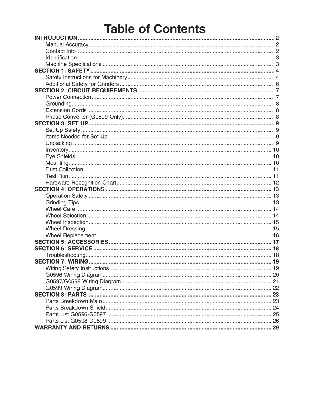 Grizzly G0596-99 owner manual Table of Contents 