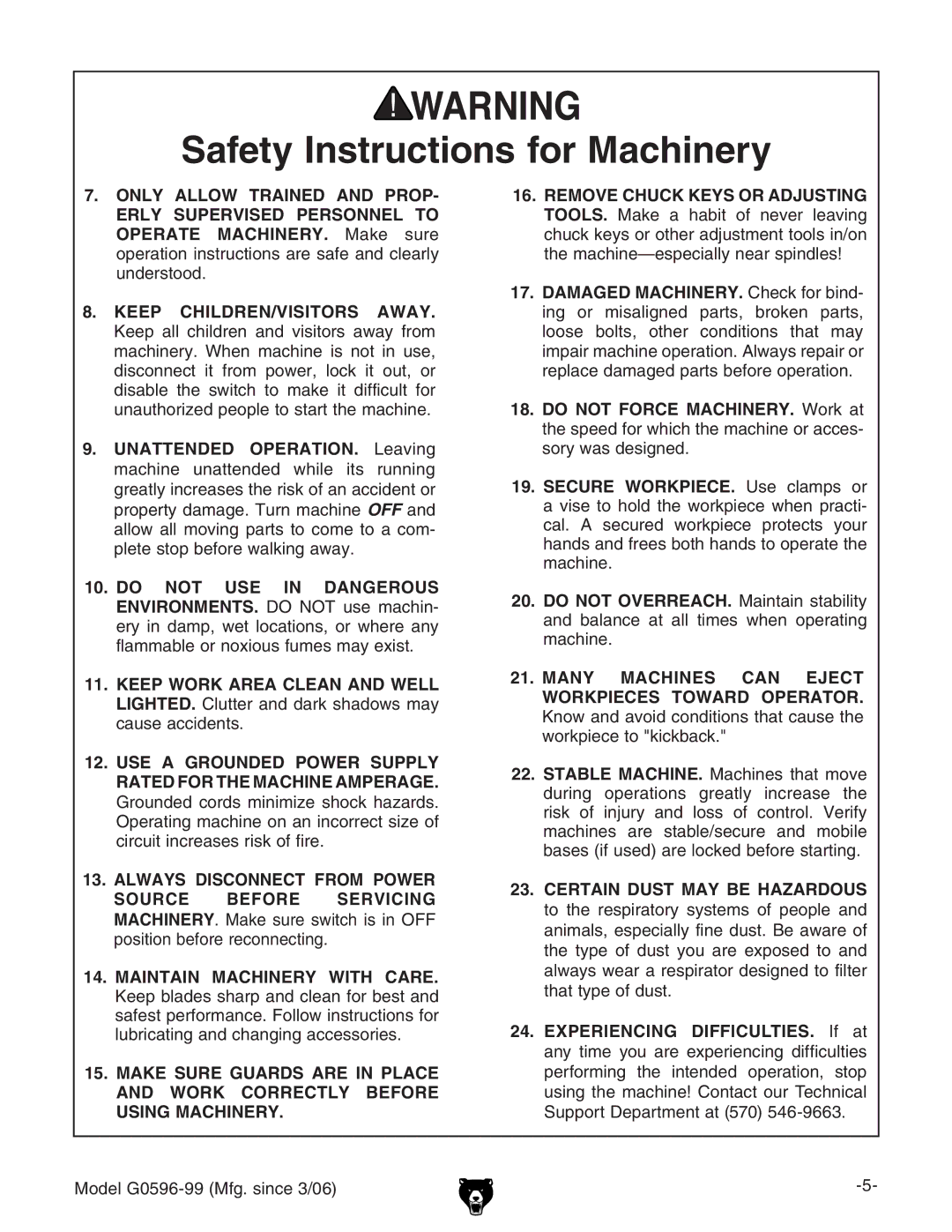 Grizzly G0596-99 owner manual Keep CHILDREN/VISITORS Away 