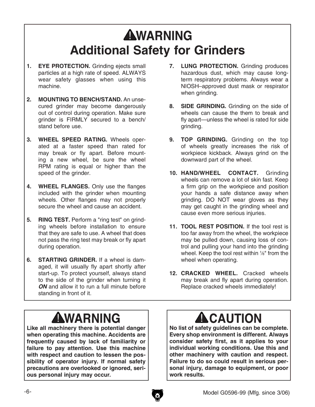 Grizzly G0596-99 owner manual Additional Safety for Grinders 