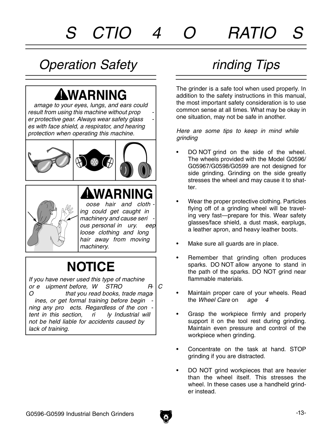 Grizzly G0596 owner manual Operations, Operation Safety Grinding Tips, Here are some tips to keep in mind while grinding 