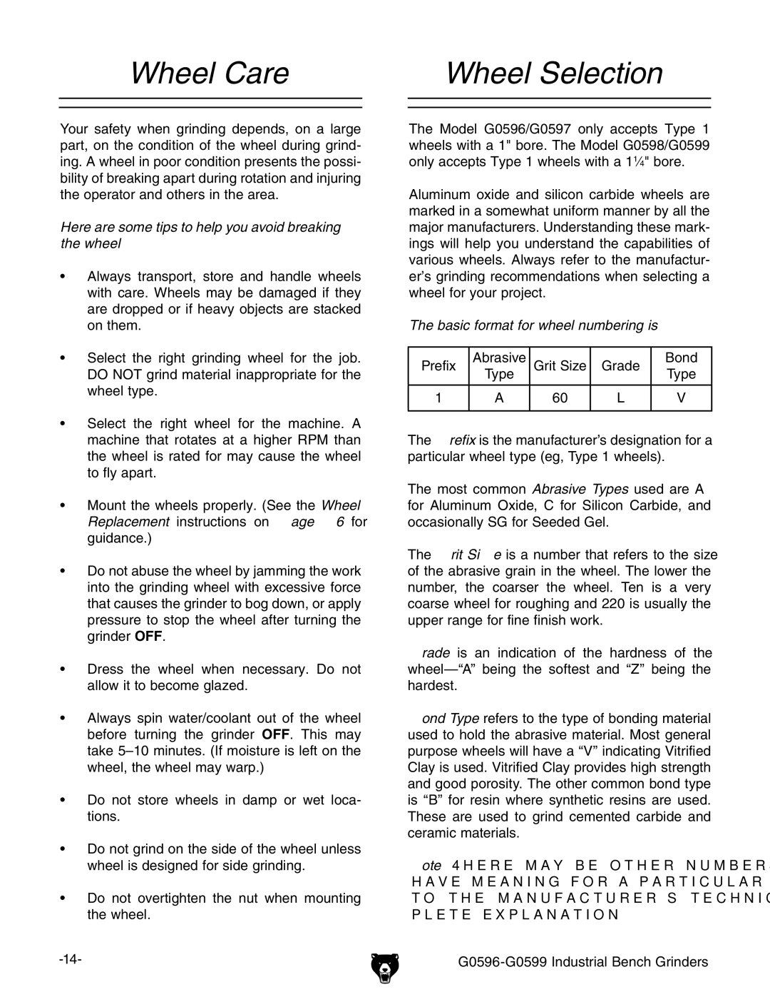 Grizzly G0596 owner manual Wheel Care Wheel Selection, Here are some tips to help you avoid breaking the wheel 